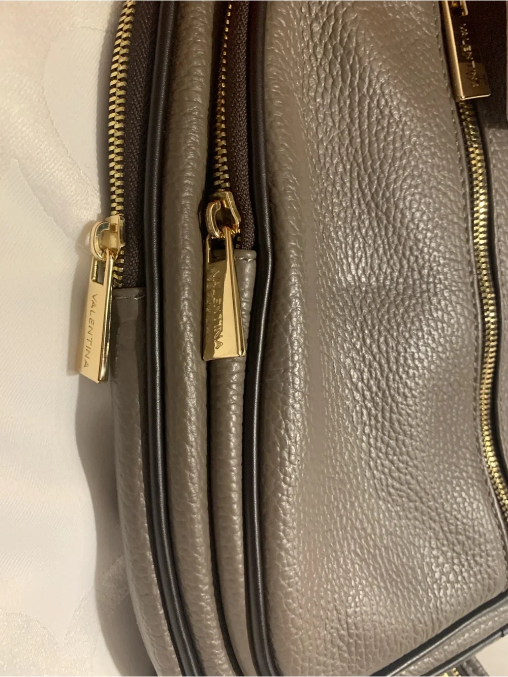 New Valentina Taupe Pebbled Leather Mini Backpack with Gold Hardware